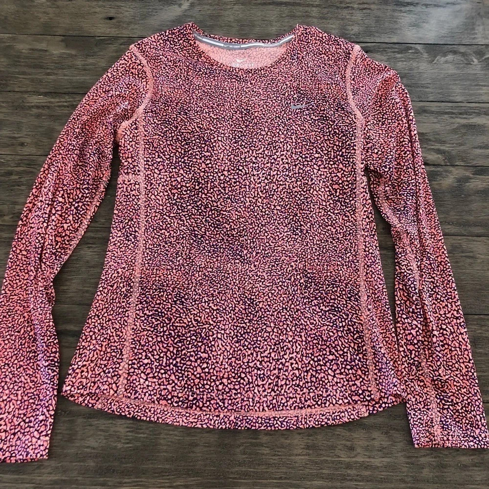 Nike Running Womens Small Dri Fit Long Sleeve Top animal print orange Purple S